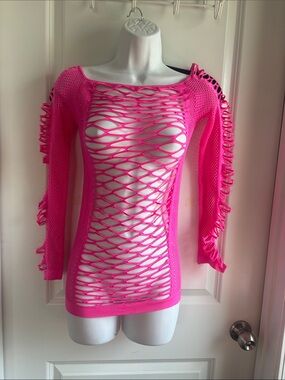 Hot Pink swimsuit cover up- or Fishnet Long Sleeve Club Dress- New Without Tags